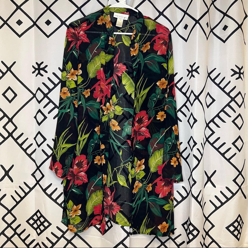 Vintage Hawaiian Floral Fauna Button Up Sheer Bikini Coverup Kimono Size XL
